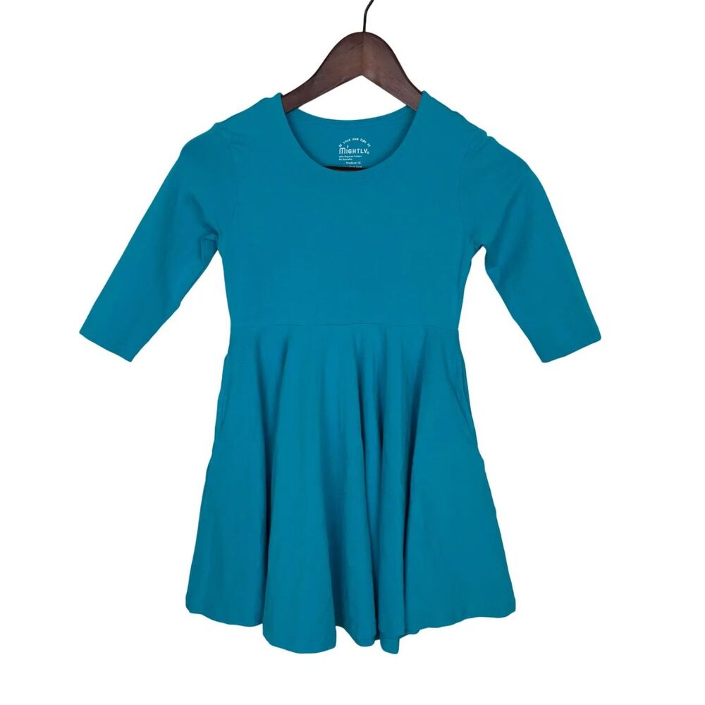Mightly Blue Organic Cotton Blue Dress Girls Medium size 8 Pockets